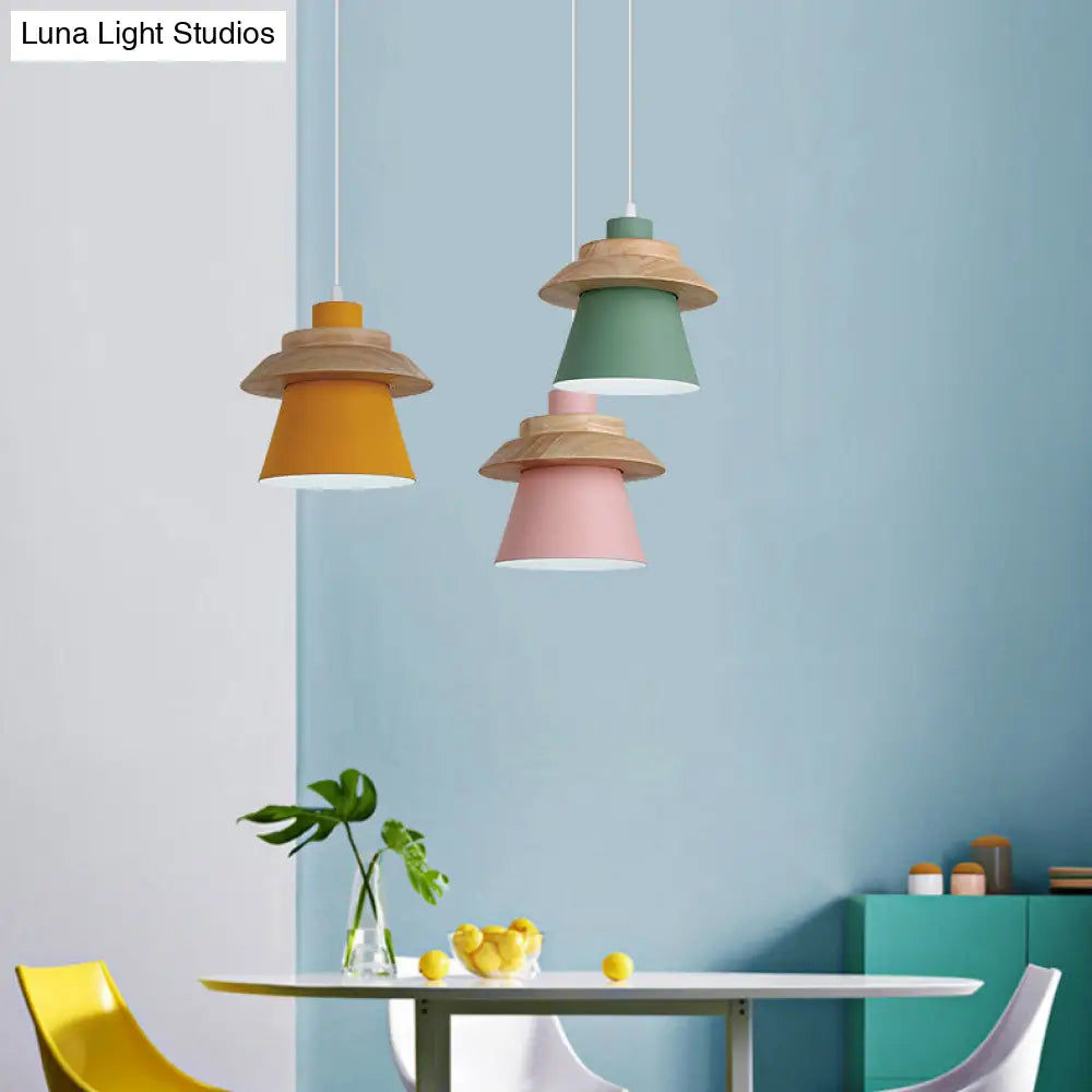 Wooden Asian Style Hanging Pendant Light For Stairways - Coolie Shade With Metal Accents