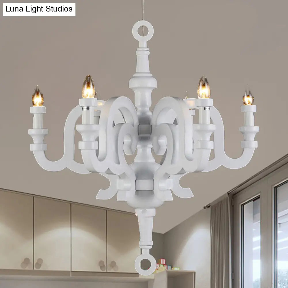Wooden Candlestick Chandelier - Traditional 6-Head Pendant Light For Living Room Ceiling White