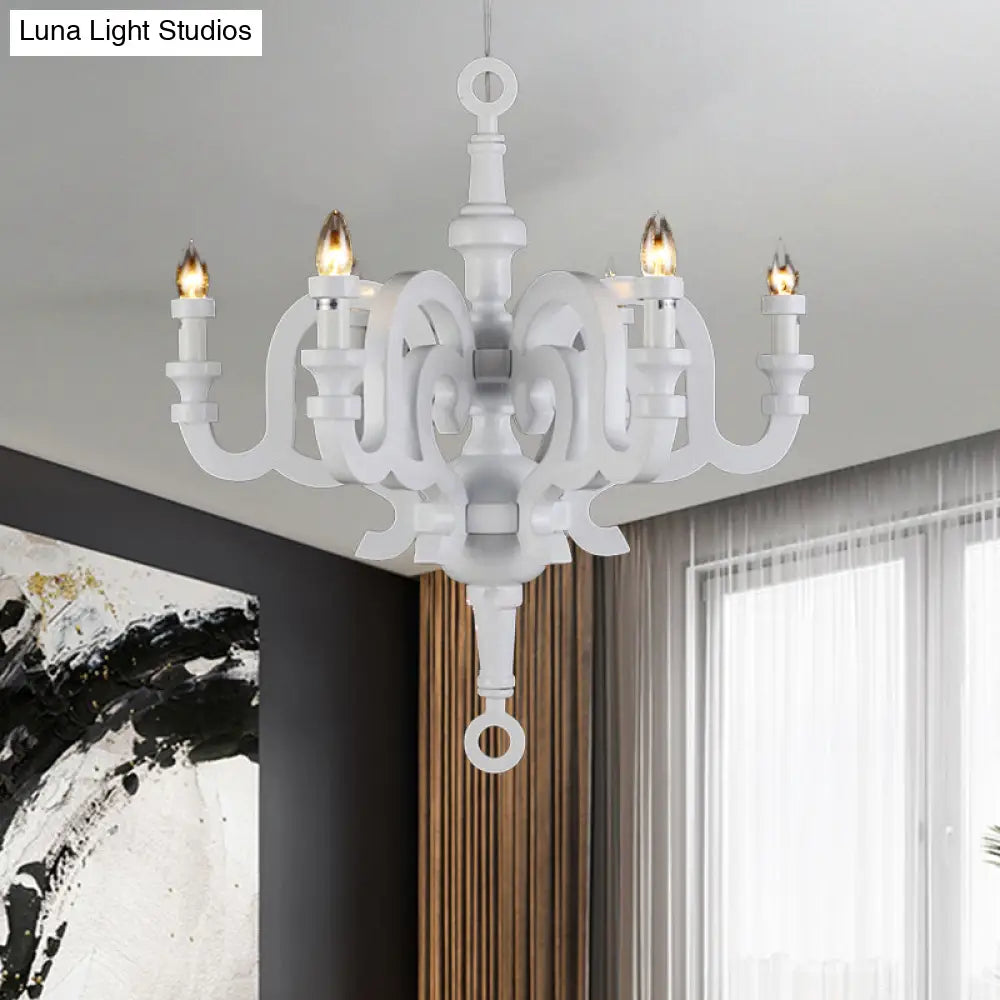 Wooden Candlestick Chandelier - Traditional 6-Head Pendant Light For Living Room Ceiling White
