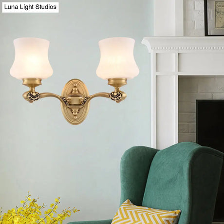 1/2-Head Vintage Brass Wall Mount Sconce Lamp With White Glass Bell Shade Retro Lighting For Living