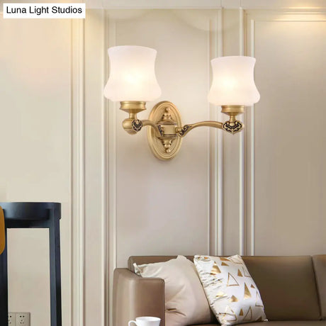1/2-Head Vintage Brass Wall Mount Sconce Lamp With White Glass Bell Shade Retro Lighting For Living