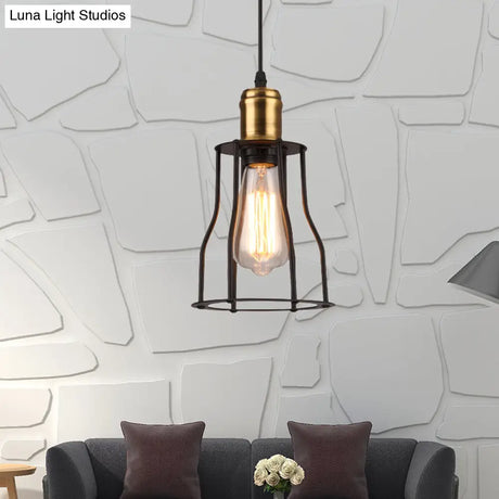 1-Bulb Bronze/Brass Suspended Metal Pendant Lamp - Mini Industrial Wire Cage Light For Living Room
