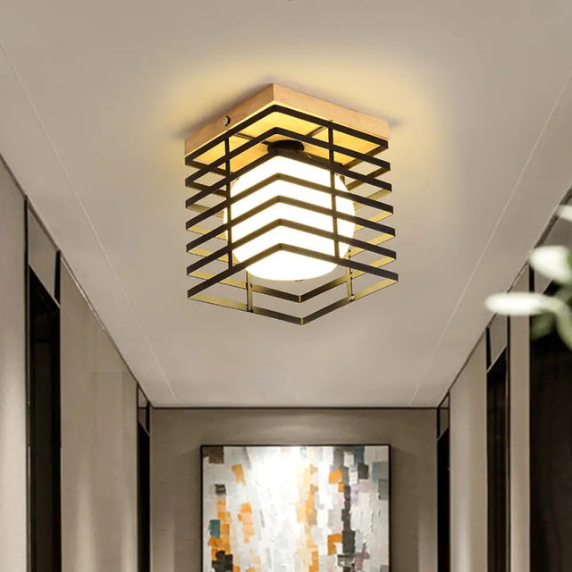 1-Light Black/White Metal Square Flush Mount Pendant Fixture For Corridor Ceiling Black