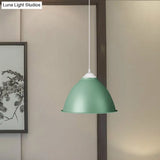 1-Light Industrial Dome Pendant Light In Frosted Green/Yellow For Dining Room - Aluminum Ceiling