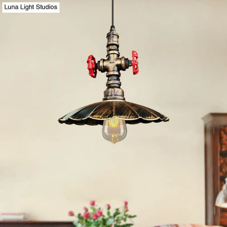 1 Light Rustic Scalloped Edge Ceiling Pendant In Brass/Weathered Copper With Pipe & Valve