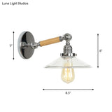 1-Light Rustic Wall Mounted Lamp - Clear Glass Rotatable Bowl/Cone/Bell Design In Chrome And Wood