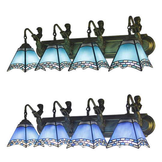 Tiffany Sconce Light Fixture - Trpezoid Wall Mount 4 Heads Dark Blue/Light Blue Glass