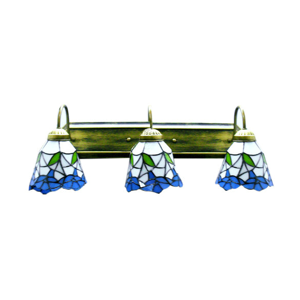 Blue-White Tiffany Glass Sconce Lighting - Bronze Wall Mounted Light With 3 Heads