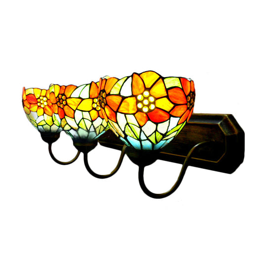 Victorian Orange Glass Sconce Light With Flower Pattern - 3 Head Bowl Wall Mount