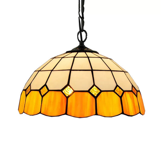 Tiffany Art Glass Dome Pendant Light - Beige/Orange/Blue 1 Bulb Ceiling Hang Fixture For Living