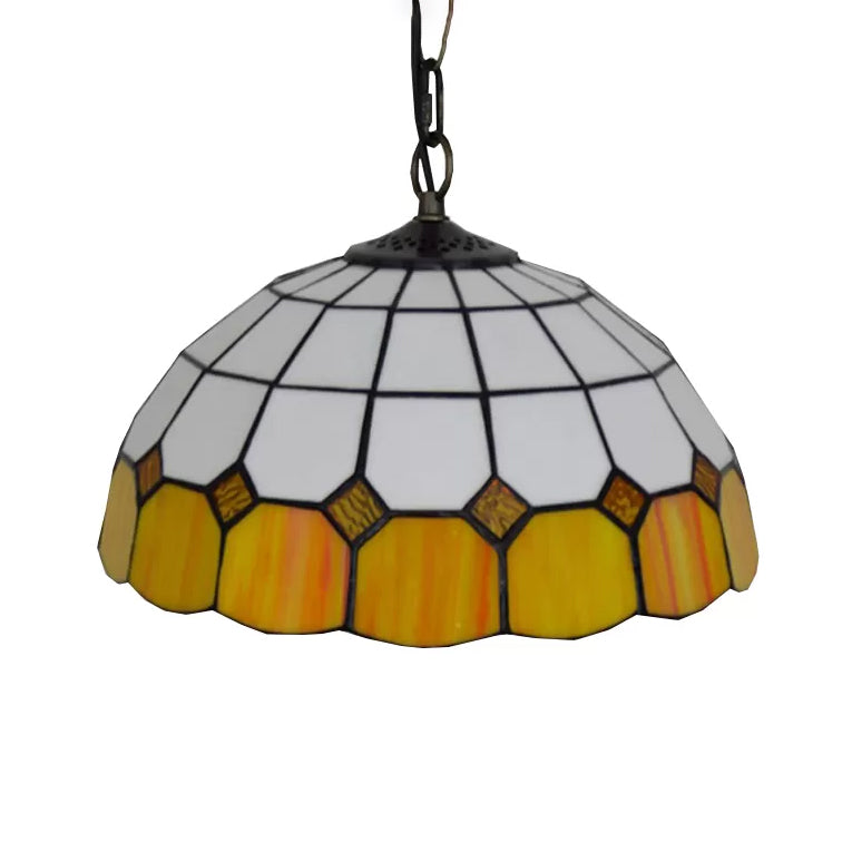 Tiffany Art Glass Dome Pendant Light - Beige/Orange/Blue 1 Bulb Ceiling Hang Fixture For Living