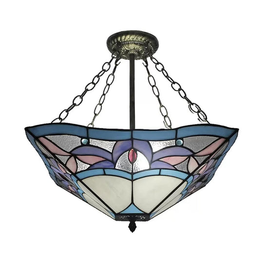 Tiffany Bedroom Ceiling Lights - 3-Light Pyramid Semi Flush With Chain And Stained Glass Shade