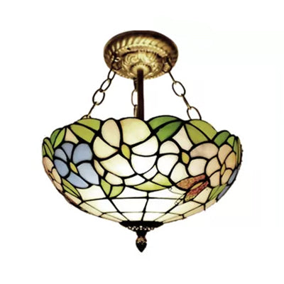 Victorian Floral Semi Flush Led Ceiling Light With Stained Glass Shade - 12’ W