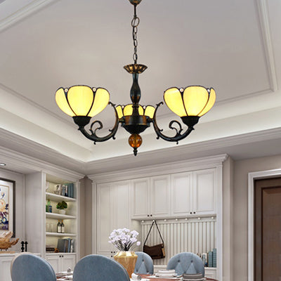 Vintage Stained Glass Pendant Light - Beige Bowl With 3 Lights Perfect For Dining Room Décor