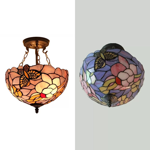 Victorian Floral Semi Flush Led Ceiling Light With Stained Glass Shade - 12’ W