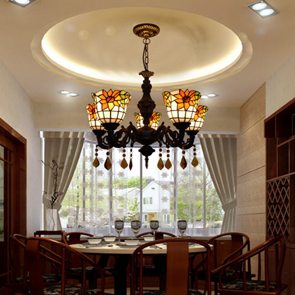 Sunflower Stained Glass Chandelier With 5 Lights - Decorative Suspension Light