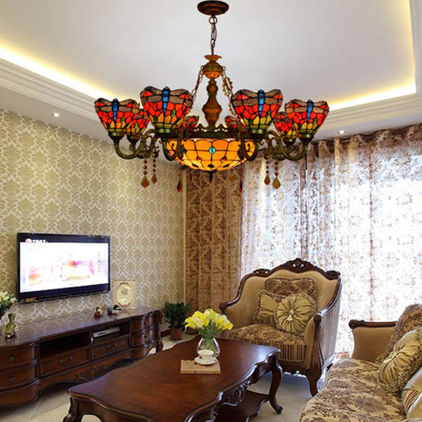 Multicolor Stained Glass Bowl-Shaped Hanging Light: Rustic 9-Light Chandelier With Crystal - Ideal