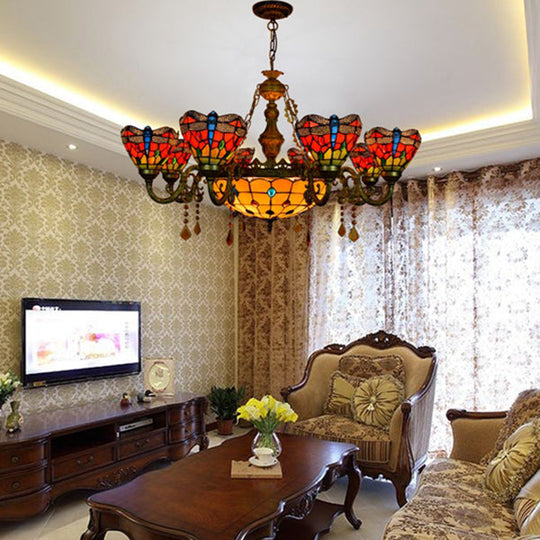 Multicolor Stained Glass Bowl-Shaped Hanging Light: Rustic 9-Light Chandelier With Crystal - Ideal