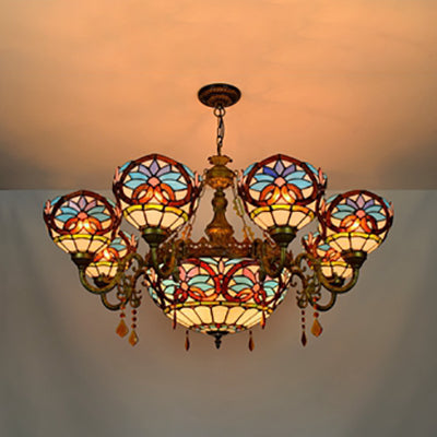 Tiffany Blue 9-Light Crystal Chandelier With Suspension Glass Shade - Bedroom Lighting