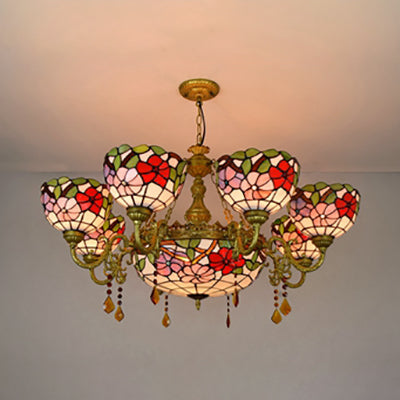 Rustic Stained Glass Inverted Chandelier With Scalloped Shade And Flower Pattern - 9 Lights For