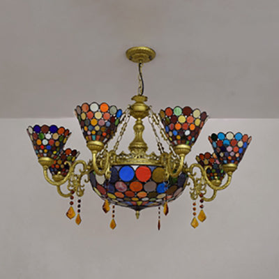 Rustic Stained Glass Cone Chandelier - Colorful Circle Pattern 11 Lights