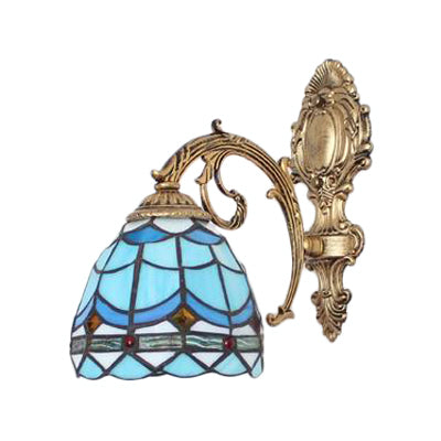 Mini Baroque Stained Glass Wall Sconce - 1 Light Curved Arm Ideal For Living Room