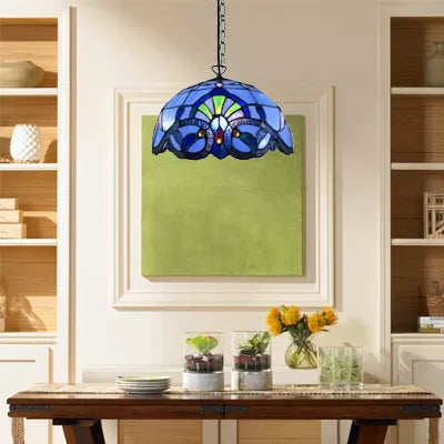 Adjustable 2-Light Hanging Lamp With Victorian Style Dome Shade - 16’ W For Living Room Blue