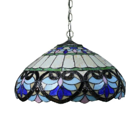 Tiffany Stained Glass Pendant Light With Flower Pattern - Purplish Blue Bowl Shade 2 Lights