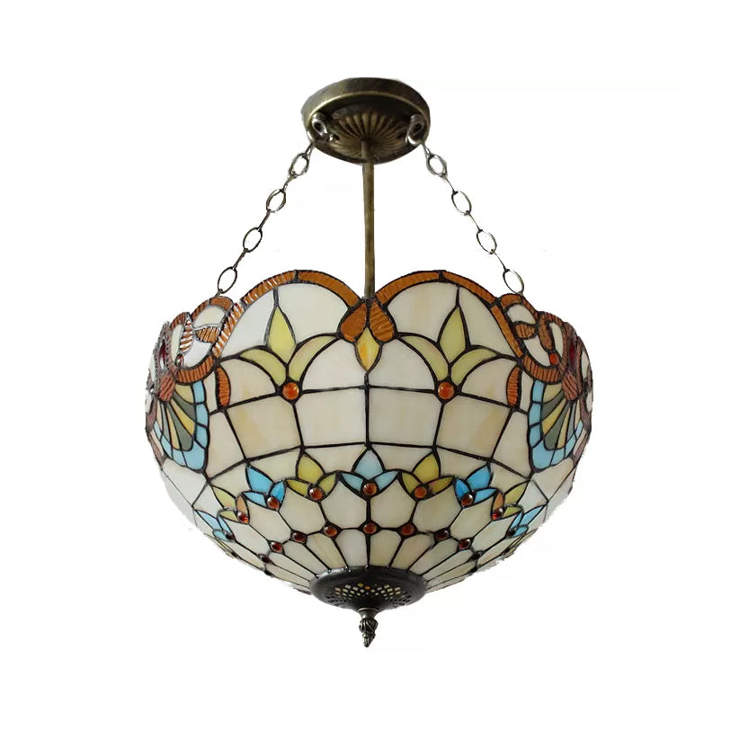 Victorian Style Upward Dome Led Ceiling Light With Stained Glass Shade For Bedroom