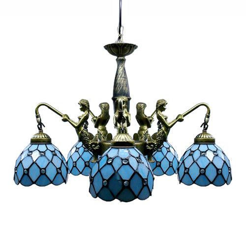5-Light Tiffany Blue Cut Glass Pendant Chandelier With Mermaid Deco