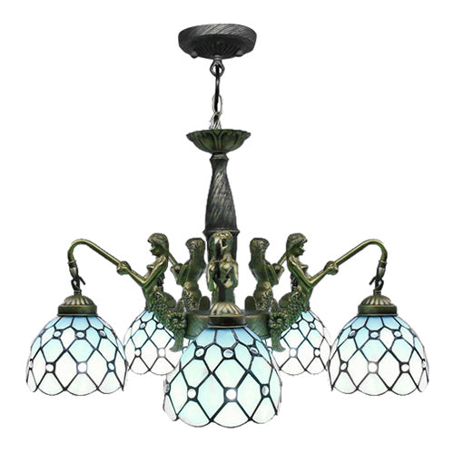 5-Light Tiffany Blue Cut Glass Pendant Chandelier With Mermaid Deco