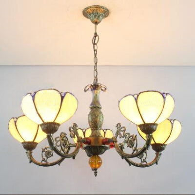 Country Stained Glass Pendant Chandelier With 5-Light Bowl Fixture For Living Room Beige
