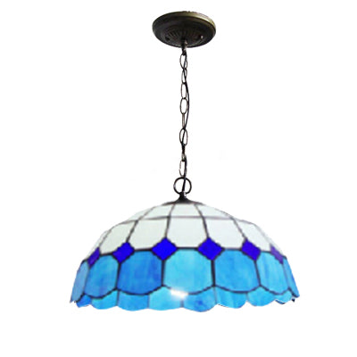 Blue Stained Glass Pendant Lamp: Elegant Mediterranean Hanging Light For Dining Room (2 Bulbs