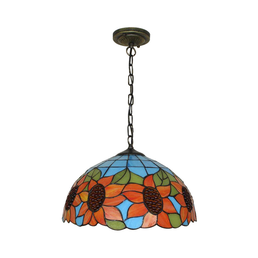Tiffany-Style Black Hand Cut Glass Pendant Ceiling Light With Sunflower Pattern – 12’/16’