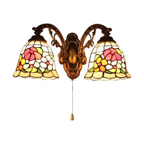 Tiffany Stained Glass Bell Wall Sconce With Pull Switch - Beige 2-Light Flower Fixture