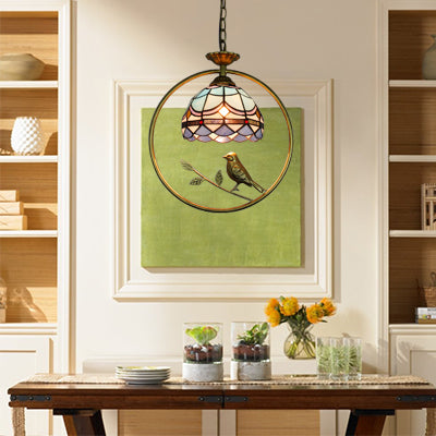 Mediterranean Style Dome Pendant Ceiling Light - 1 Head Stainless Glass Hanging Lamp With Brass Ring