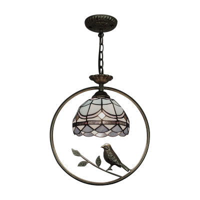 Mediterranean Style Dome Pendant Ceiling Light - 1 Head Stainless Glass Hanging Lamp With Brass Ring