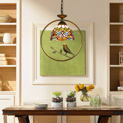Tiffany Style Dome Suspension Lamp - Elegant Stainless Glass Pendant Lighting With Bird Accent Beige