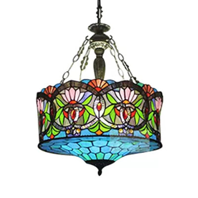 Led Stained Glass Living Room Ceiling Light - Baroque Style 18’ W Drum Aqua / Downrods