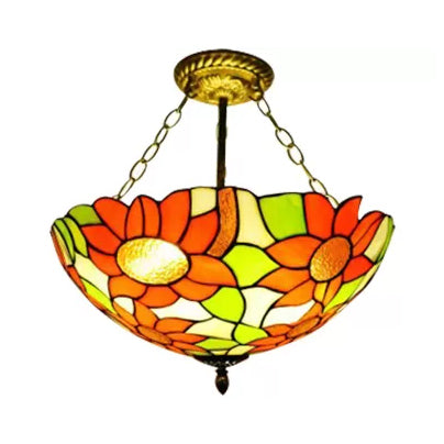 Sunflower Tiffany Ceiling Light With Stained Glass Shade Brass / 19.5’