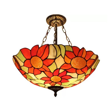 Sunflower Tiffany Ceiling Light With Stained Glass Shade Antique Brass / 16’