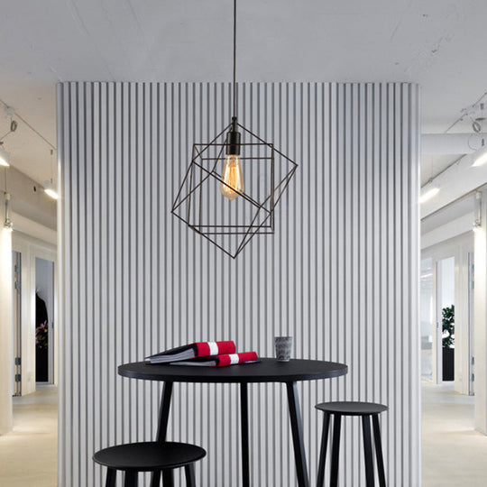 Hanging Industrial Black Metal Pendant Light - 1 Structural Cubic Design For Dining Room