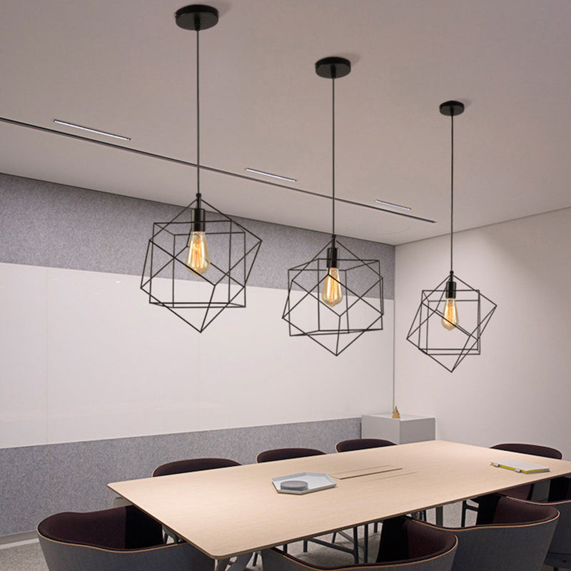 Hanging Industrial Black Metal Pendant Light - 1 Structural Cubic Design For Dining Room