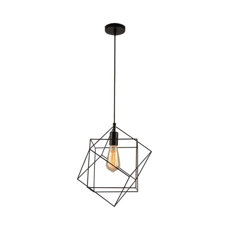 Hanging Industrial Black Metal Pendant Light - 1 Structural Cubic Design For Dining Room
