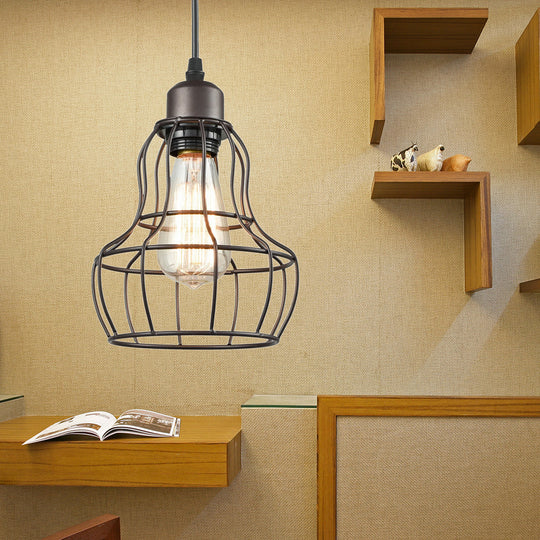 Industrial Bronze Wire Cage Pendant Lamp - 1 Light Hanging Fixture For Bedroom