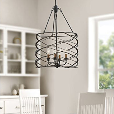 Industrial Iron Cage Shade Hanging Lamp – Black Cylindrical Design 4 Bulb Chandelier For Dining Room