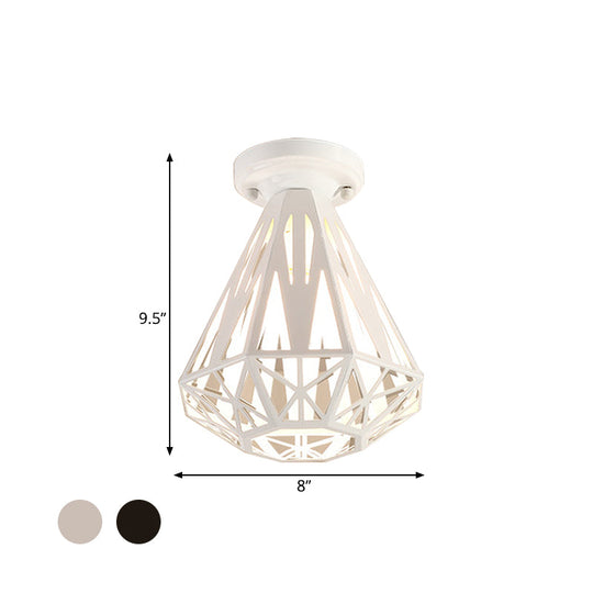 Simple Small Diamond Cage 1-Light Flush Mount Iron Ceiling Light In Black/White