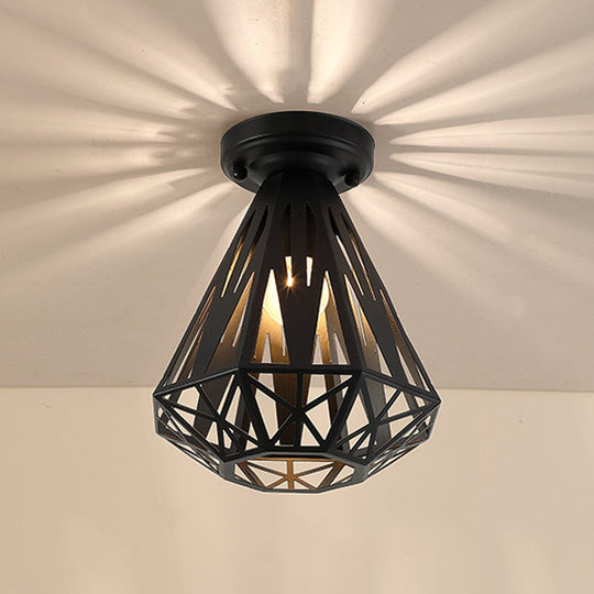 Simple Small Diamond Cage 1-Light Flush Mount Iron Ceiling Light In Black/White Black