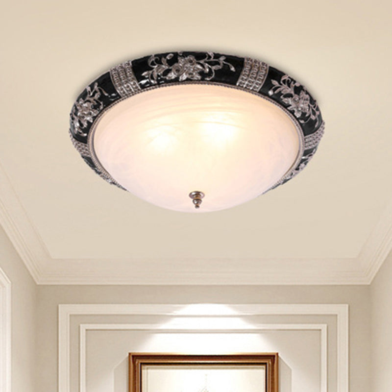 Black - Gold Semi - Orb Flush Mount Lamp With Satin Glass Shade For Hallway