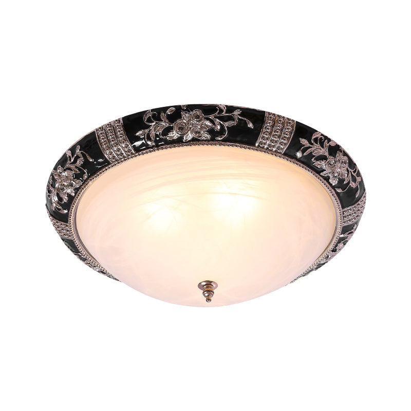 Black-Gold Semi-Orb Flush Mount Lamp With Satin Glass Shade For Hallway